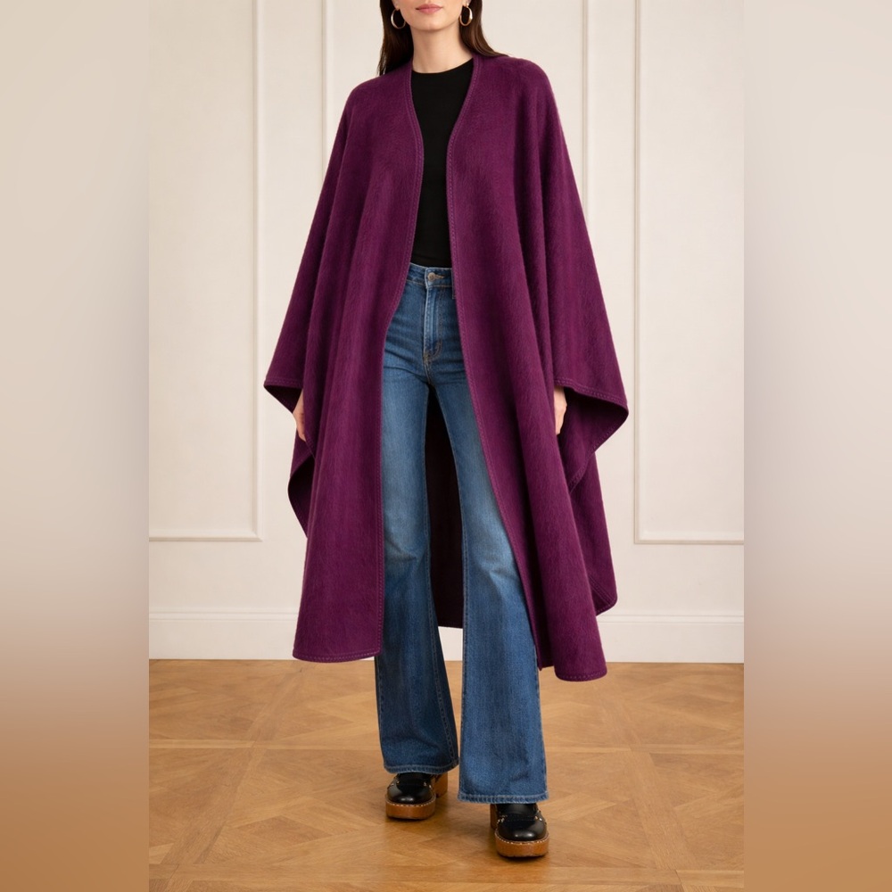 Alpaca Peru Purple Long Alpaca Wool Poncho Cape Lined Womens One Size